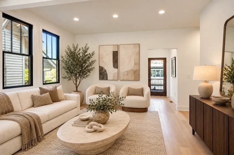 Living room with white walls and black window trim