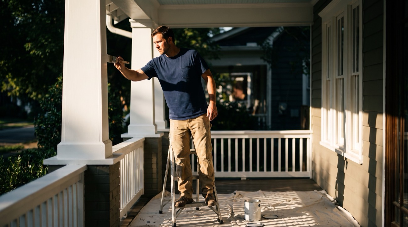 Painter in a navy shirt painting white porch trim on a craftsman house