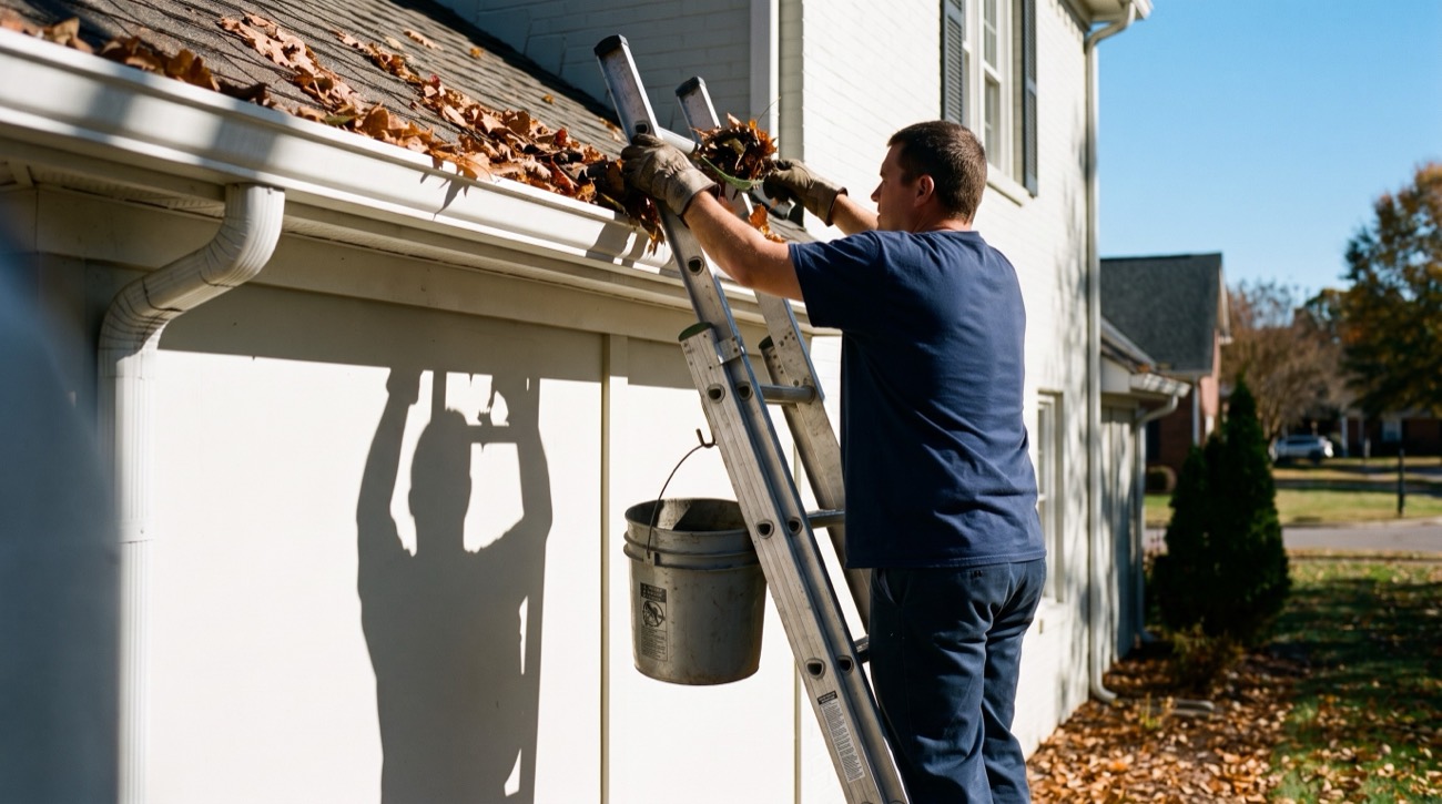 Worker on a ladder clearing leaves from a gutter