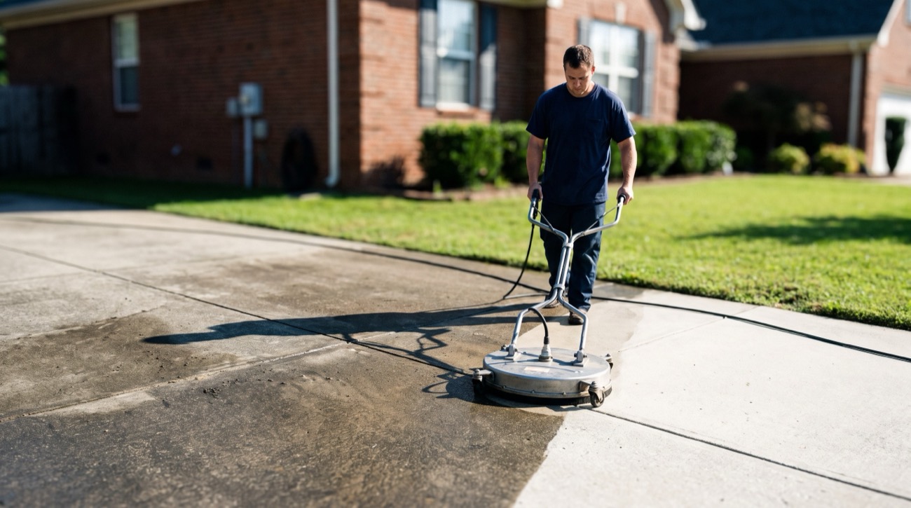 Worker in a navy shirt pressure washing a driveway with a surface cleaner