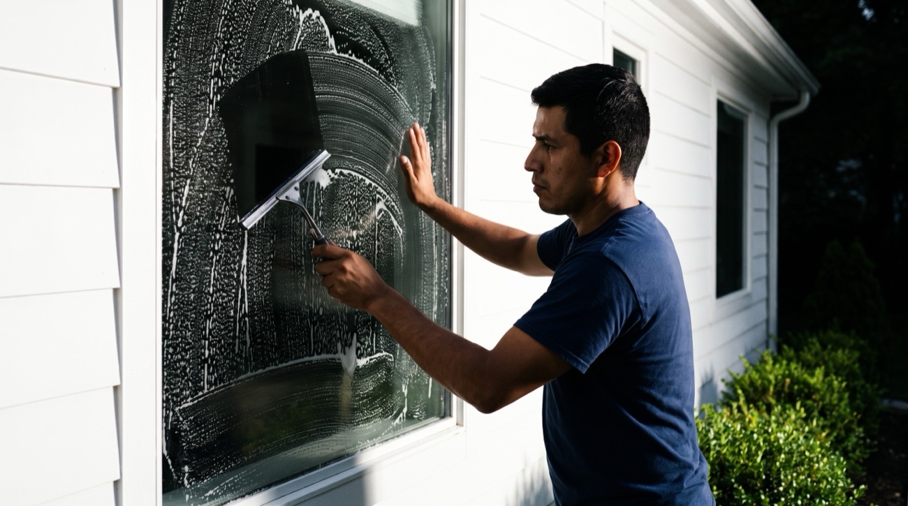 Worker squeegeeing a large exterior window
