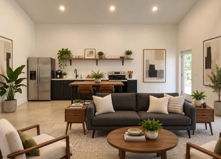 Open kitchen and living space with white walls