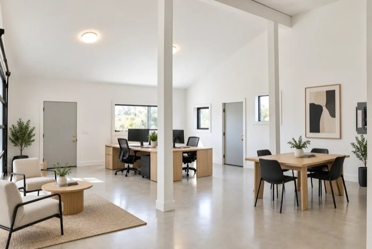 Open white workspace with columns